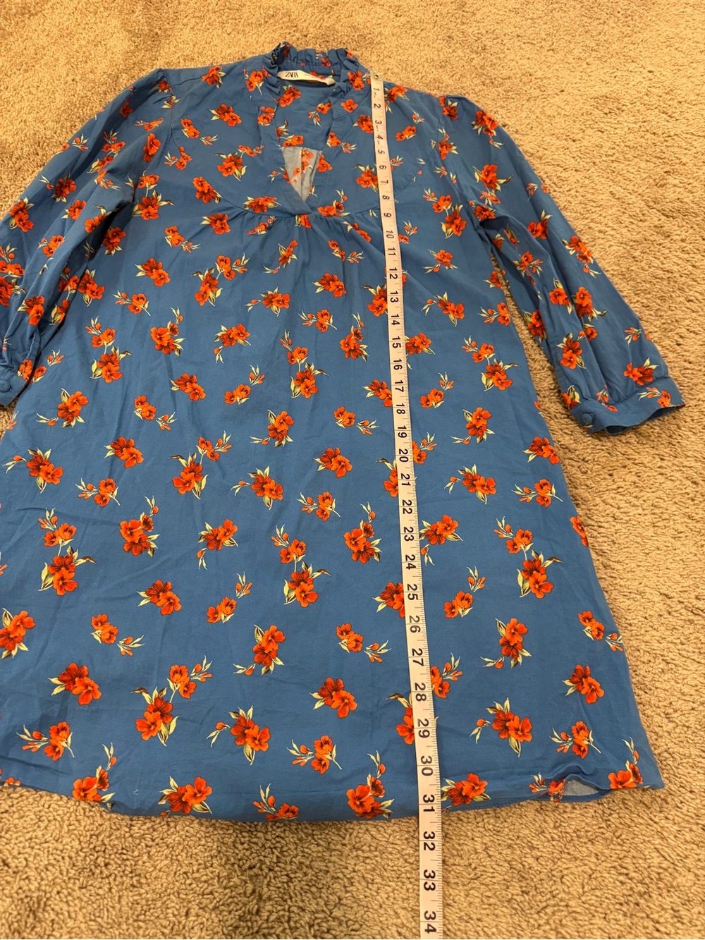 Zara Emma Blue Orange Floral Hibiscus V-Neck Long Sleeve Tunic Mini Dress Small - Picture 7 of 15